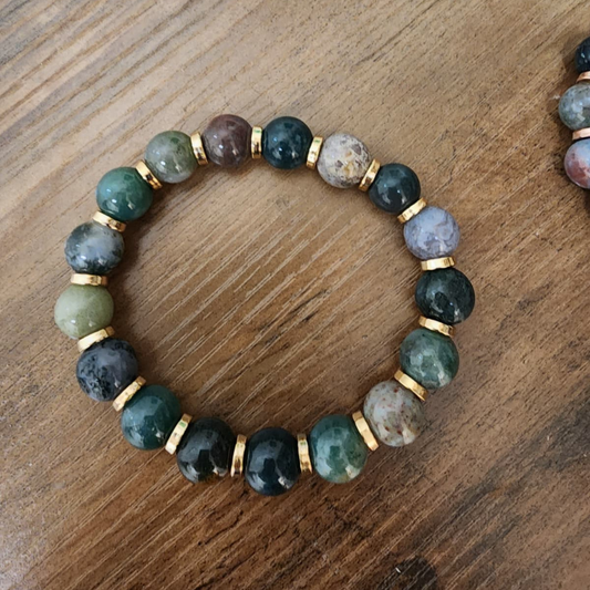 Moss Agate Men's Bracelet with gold accents